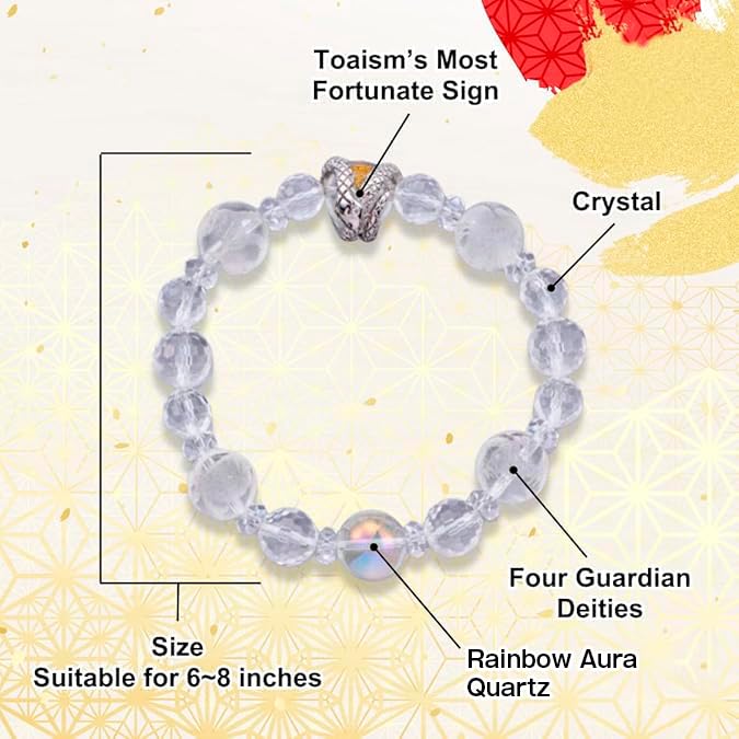MADE IN JAPAN White snake good luck bracelet for women men Japanese traditional shrine prayer feng shui good luck charm guardian deities crystal lucky bracelet for women men 6-8 inches stretch3