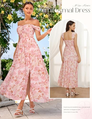 Image of GRACE KARIN 2026 Women's Summer Floral Wedding Guest Dress,Beach Flowy A Line Maxi Off Shoulder Bridesmaid Dresses
