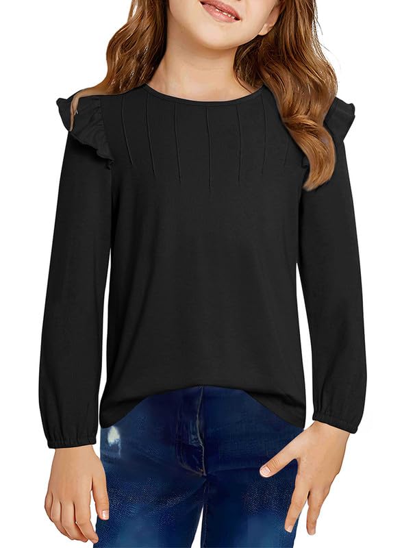 DOKOTOO KIDS Girls Long Sleeve Shirts Casual Ruffle Trim Crewneck Blouse Tops 6-15 Years