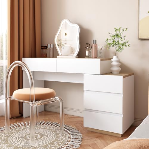 Tocador con 5 cajones y escritorios universales, tocador de aglomerado, almacenamiento multifunción para dormitorio, sala de estar y oficina, taburete