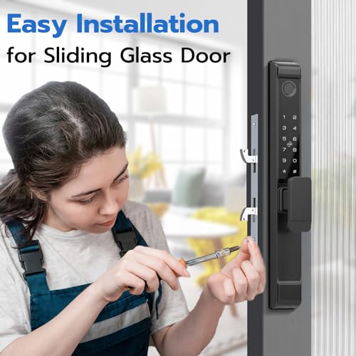 Image of Sliding Glass Door Lock, Dhiedas Sliding Door Smart Lock with Fingerprint RFID Keypad Bluetooth App Electronic Digital Biometric Safety Patio Door Double Hook Slim Mortise Lock Set with Handle