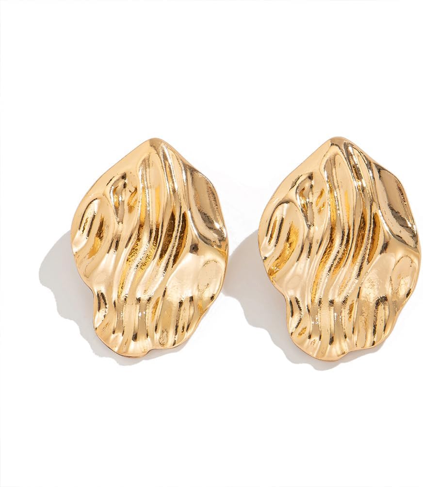 Chunky Gold Wavy Pleated Stud Trendy Earrings for Women, Statement Silver Hammered Textured Irregular Geometric Earring Unique Prom Party Jewelry Gifts - Image 7