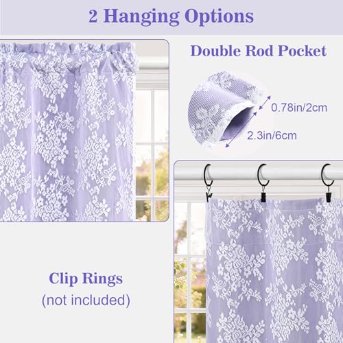 Image of Yinhua Purple Kitchen Curtains 36 Inch Length Double Layer Blackout Curtains with Floral Sheer Overlay Rod Pocket Short Curtain for Windows, Small Window Curtain for Bathroom, Living Room, 2 Panels