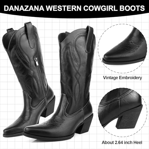Image of Knee High Cowgirl Boots Women Wide Calf Rhinestones Cowboy Boots Lady Pointed Toe Chunky Heel Embroidered Sparkly Boot With Side Half Zip Country Sparkle Boot Size 6-11