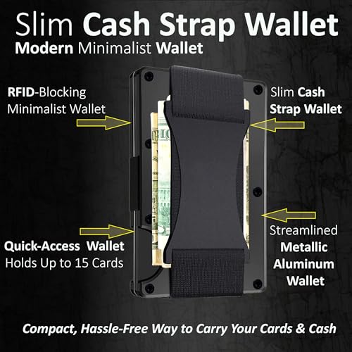EDGE Men Minimalist Aluminum Wallet with Cash Strap Slim Wallet for Men, Thin as a Rail, Minimalist Aesthetics, Holds up to 12 Cards, RFID Safe, Blocks Chip Readers Black4
