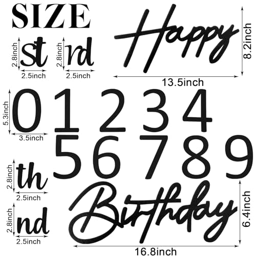 Image of Happy Birthday with 0-9 Numbers Sign for Backdrop - Felt Custom Age Happy Birthday Decal for Balloon Arch Birthday Decorations Baby Shower - Black