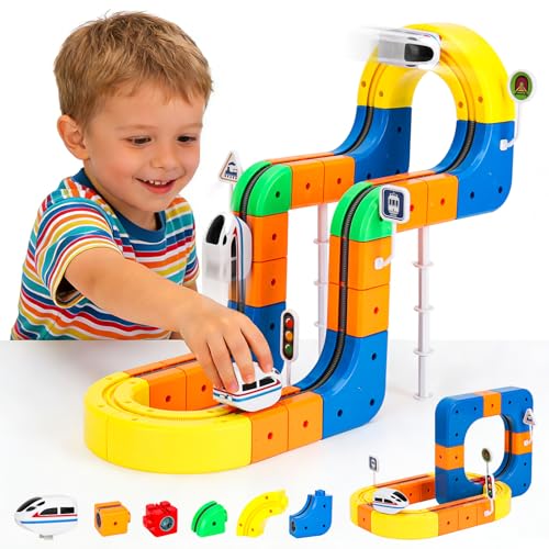 Electric Train Set for Kids, 3D Flexible Racing Car Track Set for Kids 4 5 6 7 8 Yrs Old, Electric Gravity Defying Car, STEM Educational Building Train Toys for Boys & Girls Birthday Gift(Starter Set)