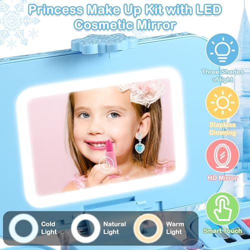 57 in 1 Kids Makeup Kit With 3-Color LED Mirror, Real Washable, Perfect Girl Birthday Gift, Age 3+