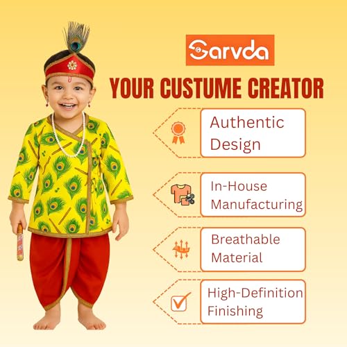 Image of Sarvda Shree Krishna Dress for Baby Boy & Radha Dress for Girls | Janamashtami Dress | Fancy Dress Costume with Accessories Dhoti, Dupatta, Mukut Flute Complete set, Ethnic wear