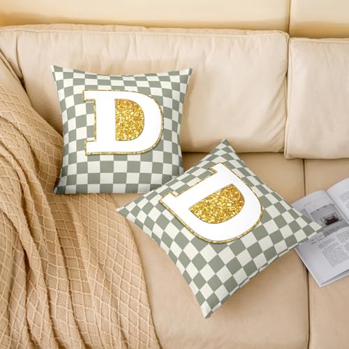 Image of Erosebridal Sage Green Checkered Throw Pillow Covers 16x16 Set of 2 Plaid Initial D Cushion Cover Personalized Monogram Throw Pillow Case for Bed Couch Sofa Fashion Grids Gingham Home Decor