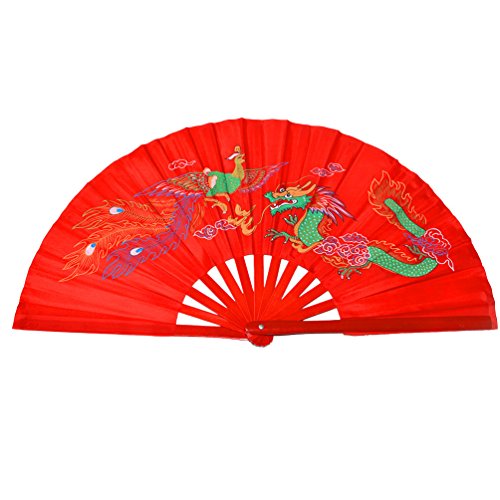Abanico plegable de bambú, para práctica de artes marciales, estilo chino, Dragon And Phoenix red background