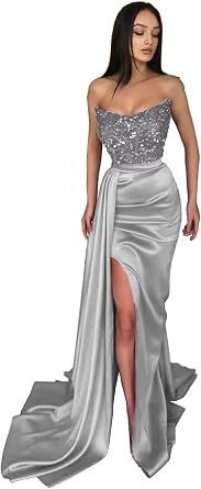 Sequins Long Mermaid Prom Dresses 2024 Strapless Tube Satin Pleated Tight Side Slit Formal Evening Party Gowns