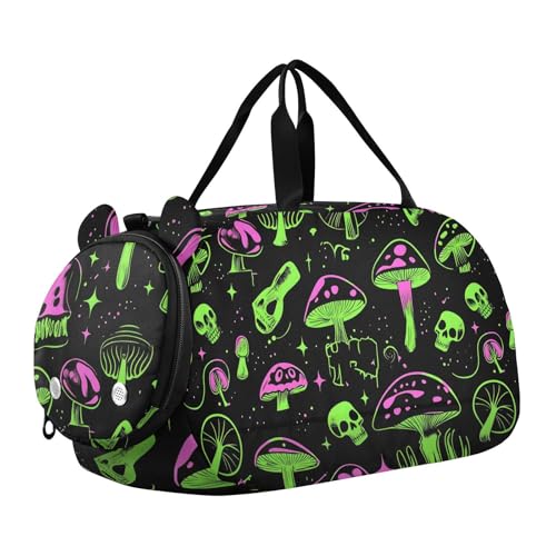 Duffle Bag for Boys or Girls with Shoes Compartment, Glowing Mushroom Skull Sports Travel Bag Overnight