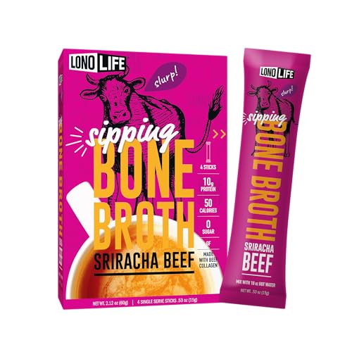 Image of LonoLife Sriracha Beef Bone Broth Powder Mix | Grass-Fed, 10g Protein | Collagen-Rich, Keto & Paleo Friendly | Natural Ingredients | 4 Portable Stick Pack Servings