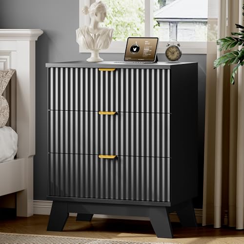 Image of Xixini Fluted Nightstand with Charging Station, Tall Bedside Table, Black