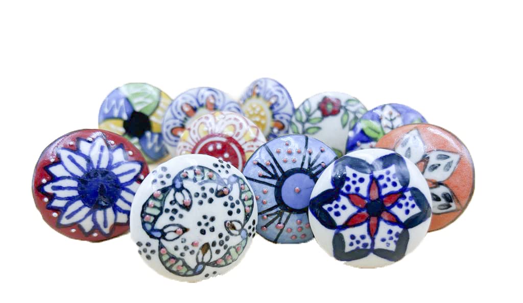 OSNICA 12 Pieces Mix Color Multi Designed Ceramic Cupboard Cabinet Door Knobs Drawer Pulls & Chrome Hardware - Hand Painted Pulls (12)