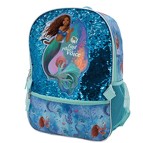 Disney The Little Mermaid Movie 4 Piece Backpack Set, Flip Sequin School Bag For Girls With Front Zip Pocket, Green #TOP1