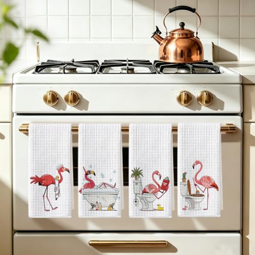 Image of 4 Pcs Funny Flamingo Hand Towels for Bathroom 24x14 Inch, Hot Pink Reusable Dish Towels for Bathroom Restroom Decor, Waffle Weave Absorbent Hand Cloth Tea Towel, Flamingo Gifts for Women Mom