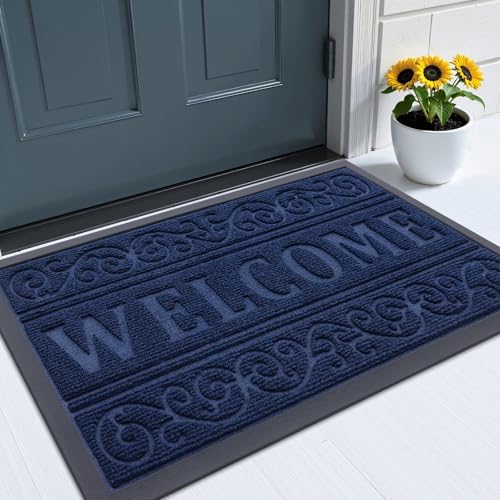 Image of OLANLY Welcome Door Mat Indoor Outdoor Entrance, Heavy Duty Sturdy Front Door Mat, Waterproof All-Weather Doormat, Stain Resistant, Low Profile, Easy Clean Patio Entryway Mat, 29.5 x 17, Navy Blue