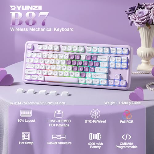 Image of YUNZII B87 Wireless Mechanical Keyboard,QMK /VIA Programmable,TKL Layout 87 Keys,BT /2.4G /USB-C,Hot Swap Gasket Mount RGB Backlit Gaming with Wrist Rest for Win /Mac (Purple Heart, Cocoa Cream V2)