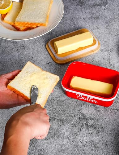 Butter Dish, Butter Dish with Lid for Countertop,Metal Butter Keeper with Stainless Steel Multipurpose Butter Knife, Large Butter Container with quality Silicone Good Kitchen Gift,Red