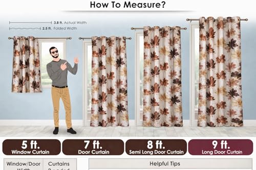 Image of HUTI 5 Feet Brown Window Curtain Set of 2 | Semi Transparent Leaf Printed Curtain | Light Filtering Polyester | Eyelet Curtains for Living Room & Bedroom 4x5 ft (120 x 150 cm) | Perfect for Home Decor