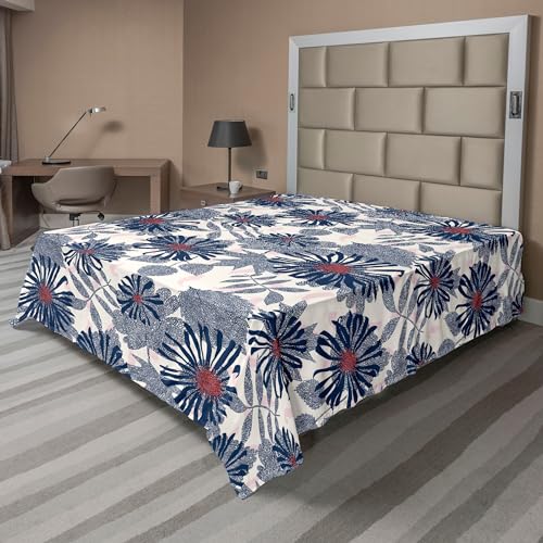 Ambesonne Daisy Pattern Flat Sheet, Jumble Striped Leaf Pattern with Floral Silhouettes on Pinky Back, Soft Comfortable Top Sheet Decorative Bedding 1 Piece, Full Size, Dark Indigo Dark Pink