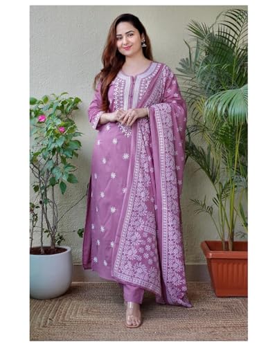 Image of Women's 3 /4 Sleeves Cotton Sulb Embroidered Work Kurti with Matching Pant & Embroidered Dupatta Set