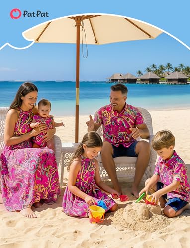 Image of PATPAT Family Hawaiian Matching Outfits - Mommy and Me Vacation Outfits | Halter Sundresses and Button Down Shirts,Caribbean Vacation Summer Tropical Outfits,Hawaiian Boho Tropical Floral Printed