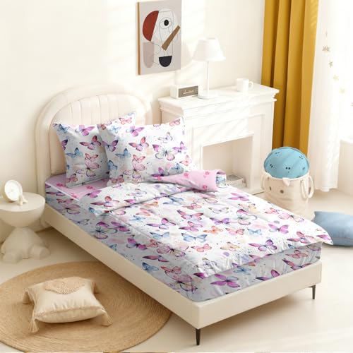 Image of Kids Comforter Set,Zipper Bedding Twin for Girls,Butterfly Printed Comforter Set with Color Spots Fitted Sheets and Pillowcases for All Season(Butterfly)