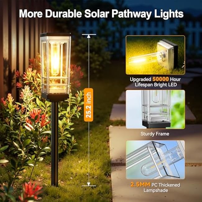 6 Pack Solar Lights Outdoor, Up to 15 Hrs Brighter Solar Pathway Lights, Luxury Taller Solar Outdoor Light Waterproof for Path Garden Yard Landscape Walkway Driveway, Warm White