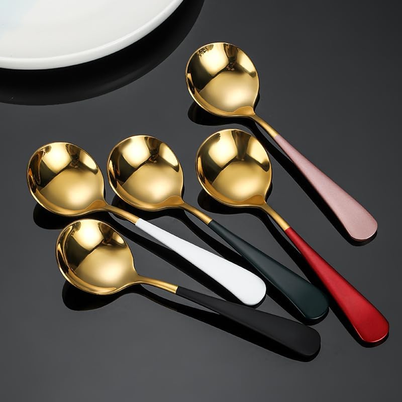 Silverware Flatware Set, 1/4/6/8/10/12 Pieces 304 Stainless Steel Spoons Household Round Spoon Thickened Spoon Dessert Ice Cream Spoon (Color : Red Silver, Size : 10Pcs)