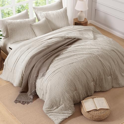Image of AMBERSPACE Full Size Comforter Set Beige, Tufted Boho Bedding Farmhouse Bed Set, All Season 7 Pieces Bed in a Bag with Sheets, Pillowcases & Shams