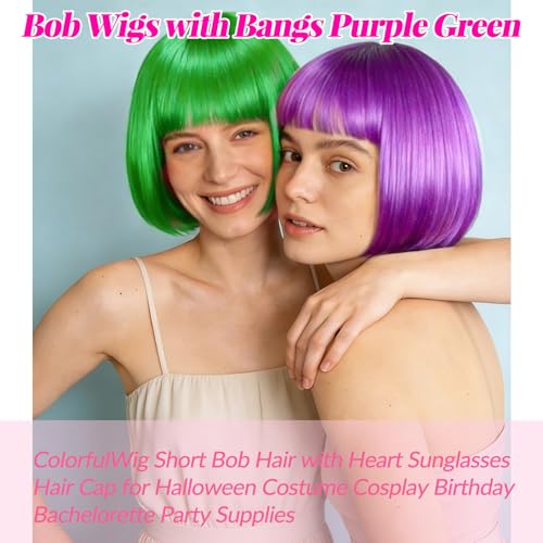 Image of DAJOOEE 2 Pack Party Wigs Wig Cap and Sunglass Set,Short Bob Hair Wigs Straight with Flat Bangs Synthetic Colorful Cosplay Daily Party Neon Wig for Women (Green Purple)