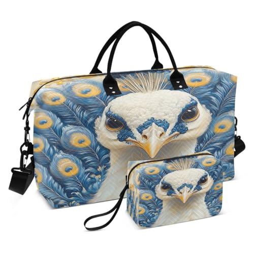 White Peacock Blue Feather Travel Duffle Bag Gym Bag Weekender Bags with Toiletry Bag Travel Trip Tote Bag