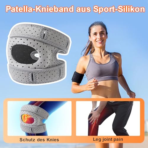 Kniebandage Männer & Damen mit Schweißband-3D-Silikon-Patella Knie Support gegen Arthrose, Knieschmerzen,Meniskus-Verstellbare & Atmungsaktive Knee Brace für Sport (Grau, Erwachsene L)
