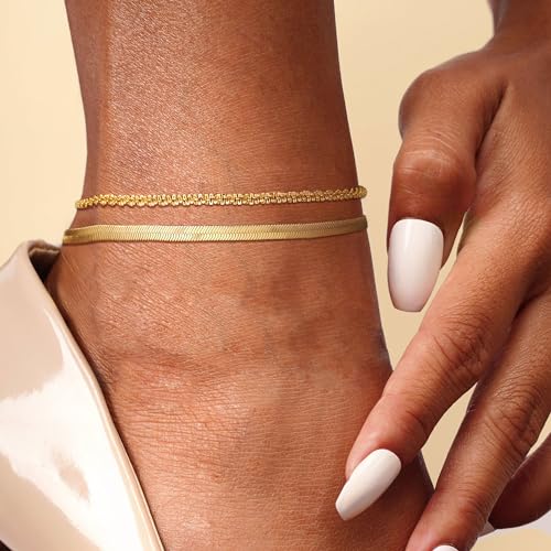CHESKY Gold Ankle Bracelets for Women, 14k Gold Plated/Sterling Silver Anklet Bracelet Set Layered Glitter Box Paperclip Figaro Cuban Link Anklets for Women, Waterproof Summer Gold Jewelry Gifts