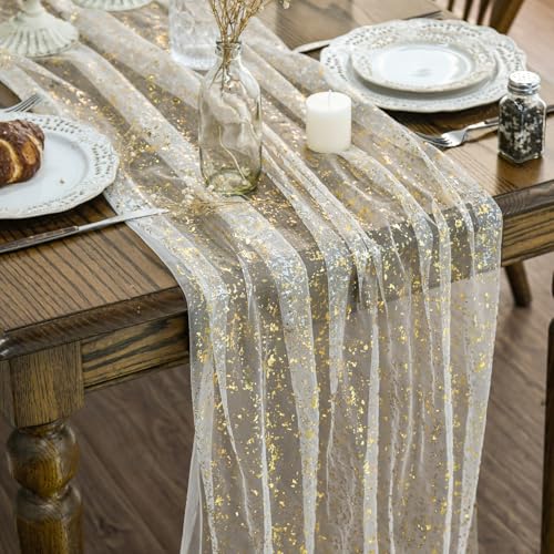 Artoid Mode Beige Gold Gauze Table Runner 120 Inch 10FT, Glitter Metallic Foil Sheer Dining Wedding...