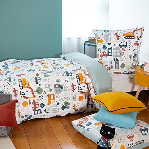 CÔTE DECO Parure de lit Enfant Réversible en Route Bleu Housse de Couette 140x200cm + 1 taie d'oreiller 63x63cm Twin