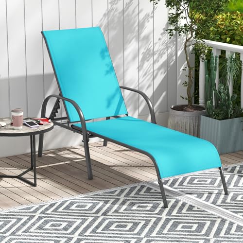 Image of Giantex Patio Lounge Chair, Outdoor Chaise Lounge with 5 Adjustable Backrest, Sturdy Steel Frame, Sunbathing Recliner, Tanning Chair for Beach, Outside, Yard, Balcony, Pool Chairs (1,Turquoise)