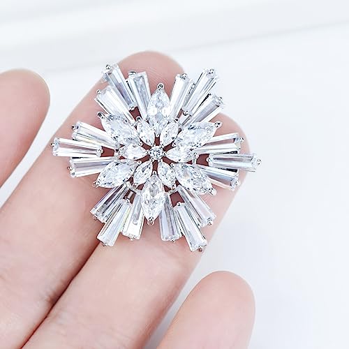 Image of Women's Cubic Zircon Snowflake Brooch Pins Elegant Clear Crystal Ice Flower Lapel Pin Breastpin