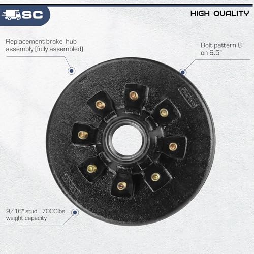 Image of 12 inch x 2 inch Trailer Brake Drum Kit, 8 on 6.5 inch Bolt Circle Brake Drum for 7000 lb Axles, 8 Lug Replacement Brake Hub Drum Assembly for Rvs, Trailer and Semi Truck