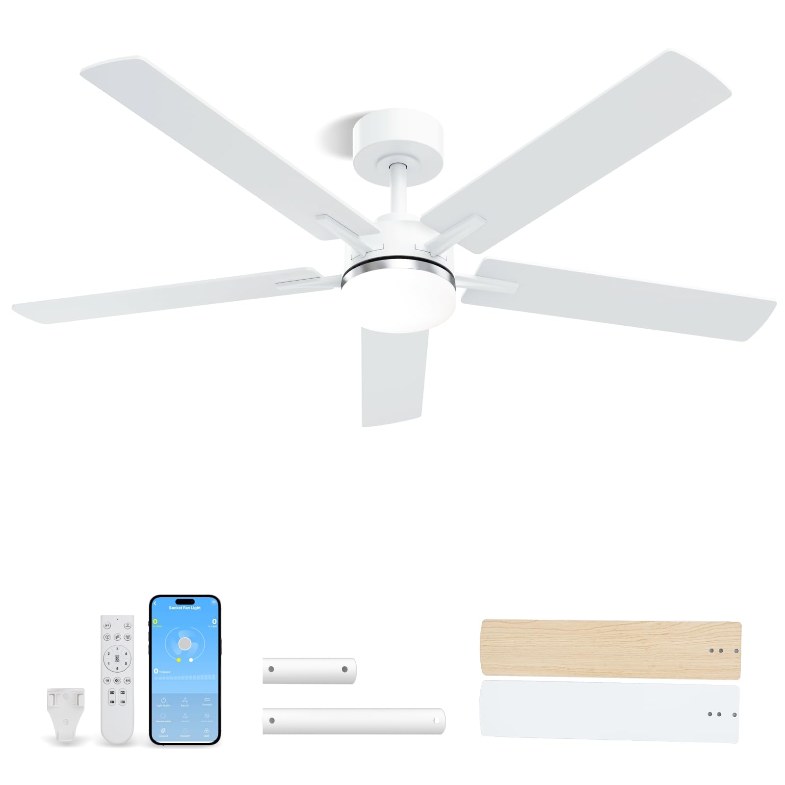 LANMEL Metal Ceiling Fan with Lights and Remote, 52 Inch, Silver &amp; White