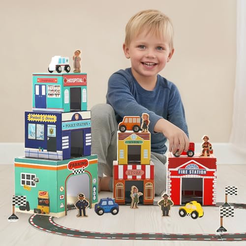 Image of 3-in-1 Sorting and Stacking Toys for Toddlers | Wooden Community Helpers, Nesting Boxes & Vehicle Track | Montessori Preschool Learning Toys Gift for 2 3 4 Year Old Boys Girls