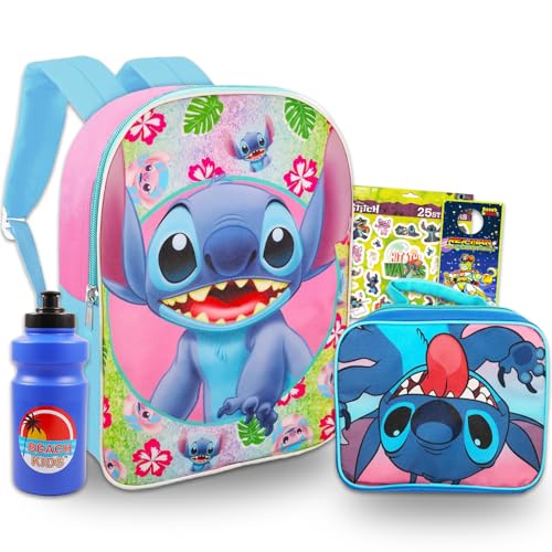 Lilo And Stitch Mochila escolar e lancheira - Pacote de 4 peças com bolsa escolar de 40,64 cm, lancheira de Stitch e muito mais para meninos e meninas | Conjunto de material escolar Stitch