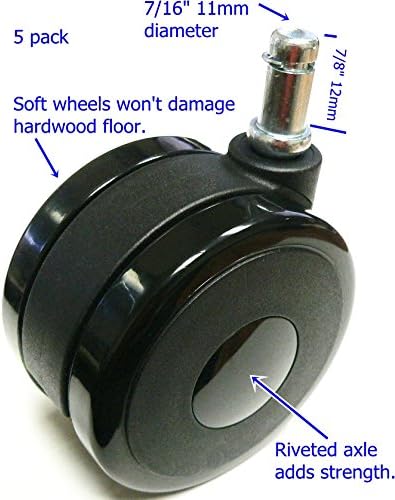 4" 100mm Twin Soft Wheel Caster 5 Pack, Furniture Wheel, 7/16" x 7/8" 11mm x 22mm Grip Ring for Office Chair, Won't Damage Hardwood Floors