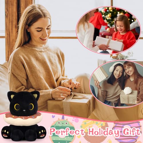 Image of Black Cat Plush, 8inch Donut Black Cat Stuffed Animal Cute Plushies Toys for Girls Boys, Kawaii Kitten Plushie for Kids Adult, Birthday