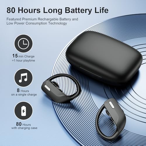 occiam Sport Wireless Earbuds Bluetooth Headphones 80hrs Playtime Deep Bass Ear Buds with Earhook Noise Cancelling Mic Waterproof Earphones for Workout Running Matte Black