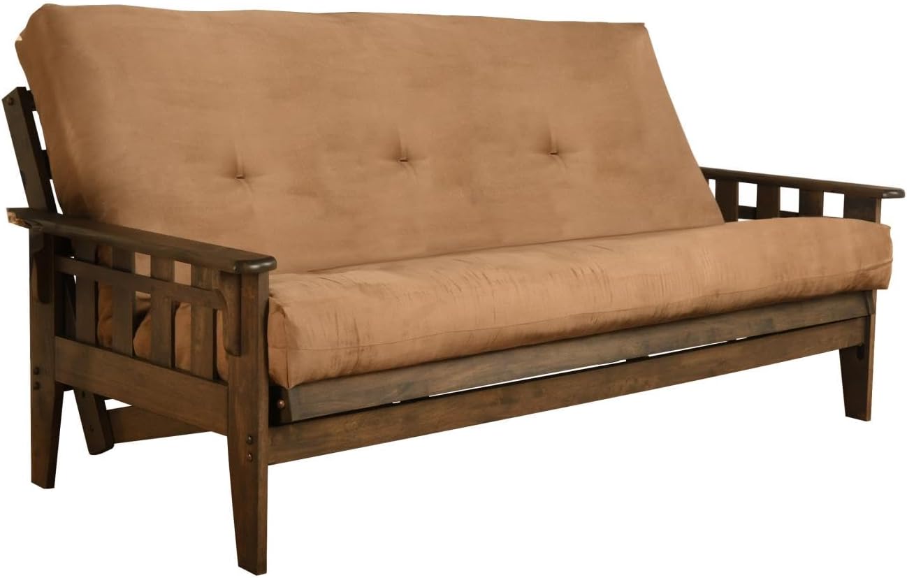 FutonX Rustic Walnut Frame and Mattress Set with Choice to add Drawers, 8 Inch Innerspring Futon Sofa Bed Full Size Wood (Beige Matt and Frame (No Drawers))