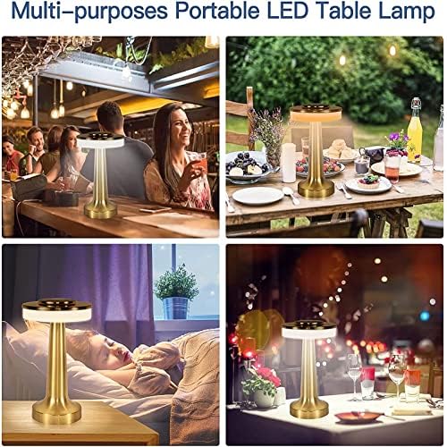 HJLRR Touch Cordless Table Lamp, 3 Color Stepless Dimming Lights, LED Battery Operated Desk Lamps, Portable USB Metal Bedside Lamp for Bedroom/Bedside/Study,Gold